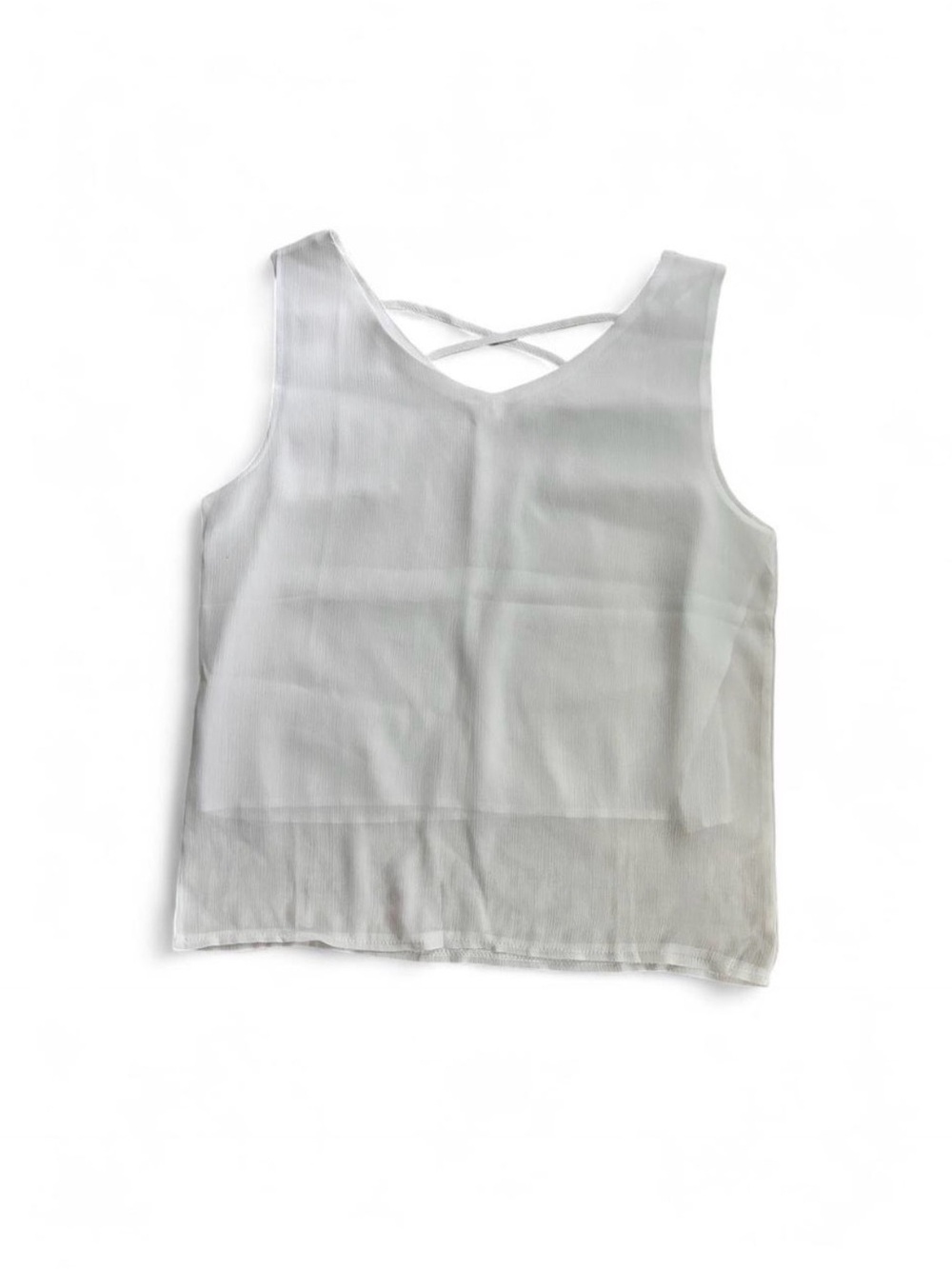 white sheer v-neck criss cross back sleeveless top